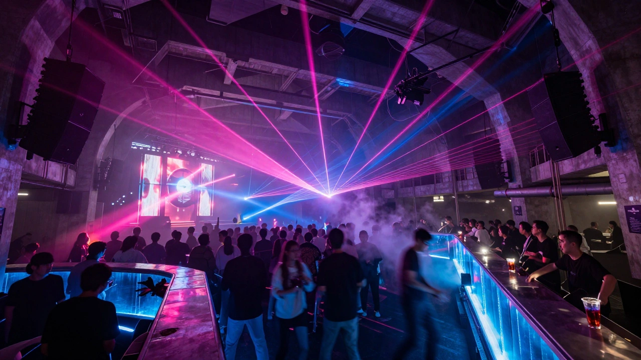 Industrial nightclub with laser beams and glowing bar reflecting a vibrant crowd.