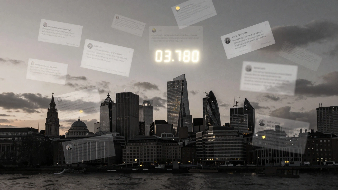 London skyline with floating authentic and fake escort reviews, one glowing phone number at center.