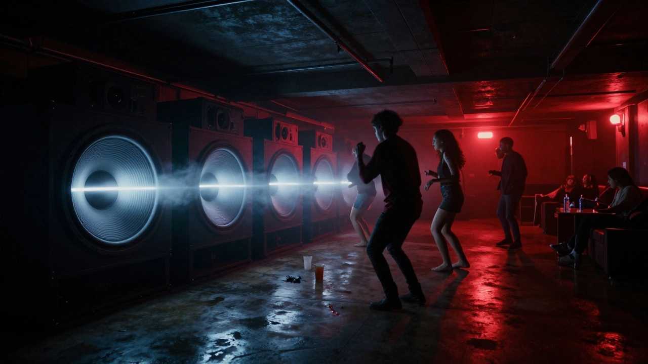Massive subwoofers in Fabric&#039;s basement with silhouetted dancers on damp concrete floor