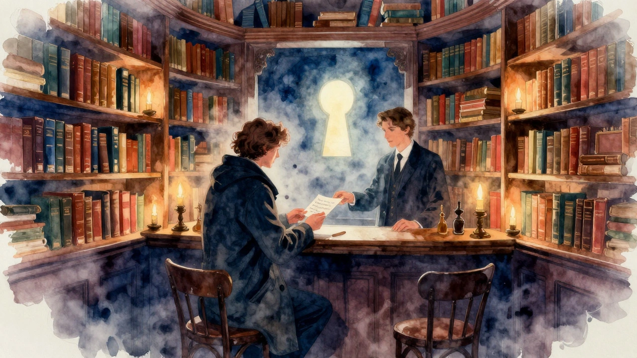 Mysterious hidden bar with a guest receiving a handwritten note from a bartender in candlelight.