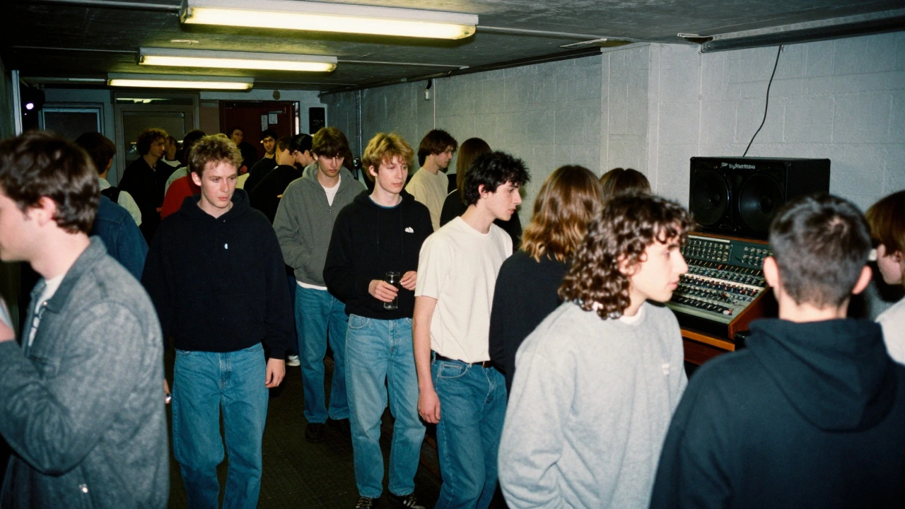 Opening night at Fabric in 1999, crowd descending basement stairs, vintage speakers, flickering lights.