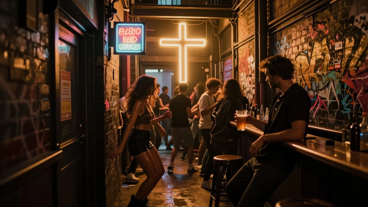 People dancing on a bar in the dim, gritty interior of The Cross in Camden.
