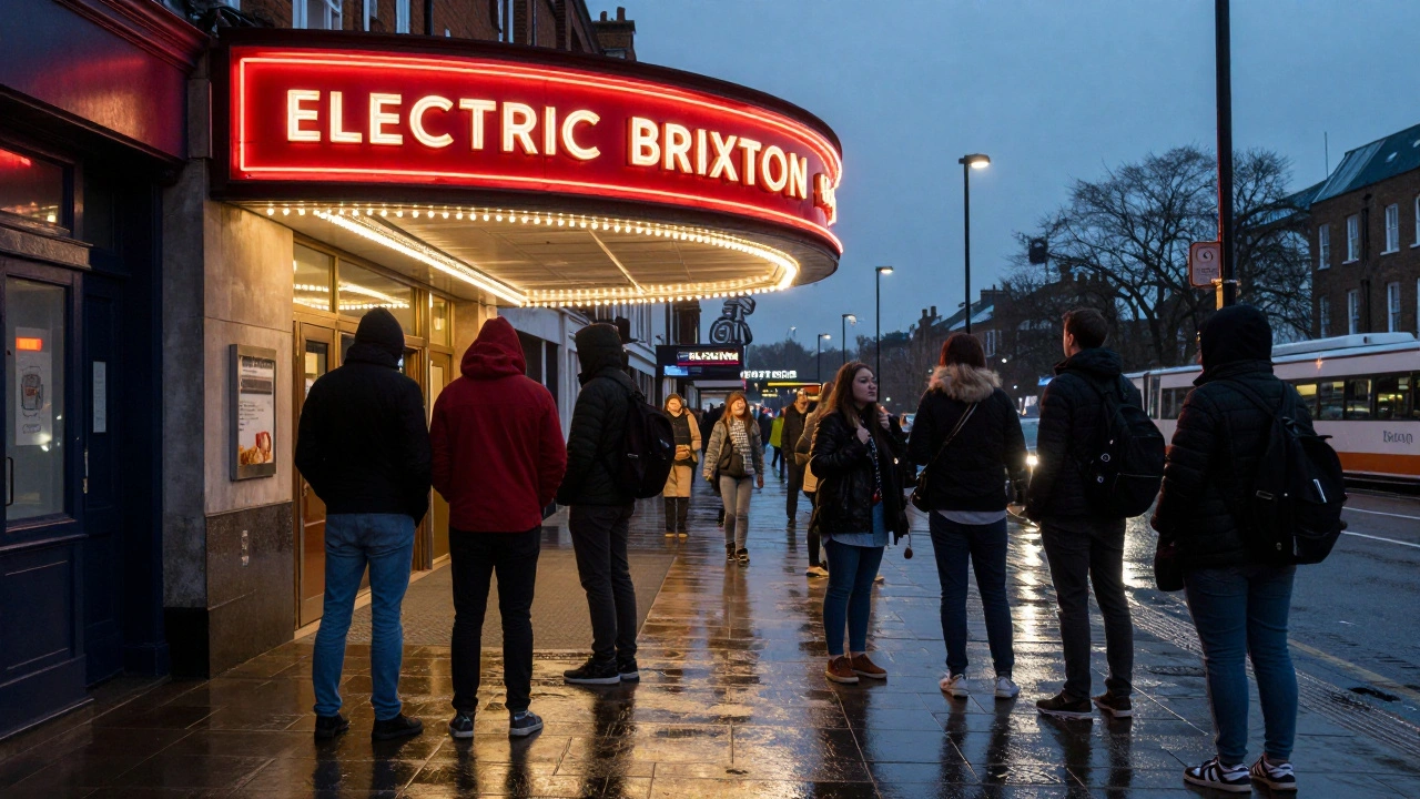 People waiting outside Electric Brixton at dusk under a red sign, rain-slicked street reflecting neon glow.