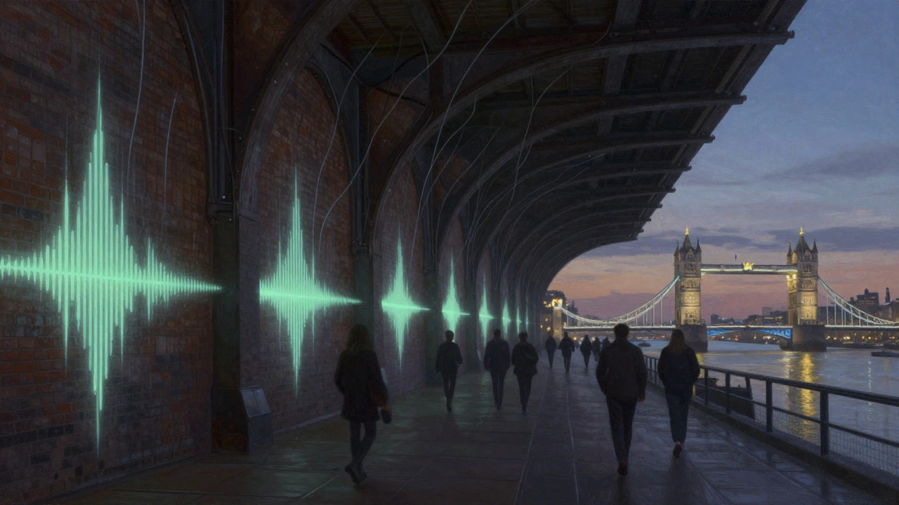 Pulsing sound waves rising from a club beneath railway arches at dawn