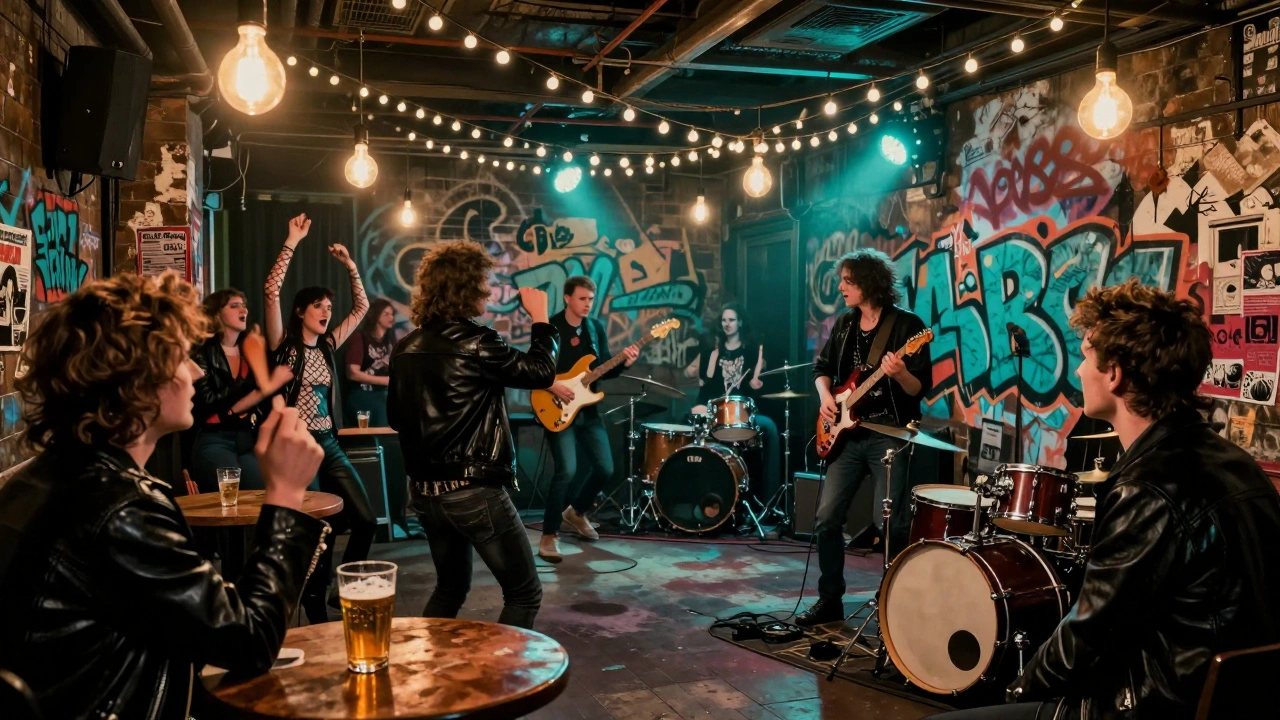 Punk band performing in the Electric Ballroom with graffiti walls and hanging fairy lights, audience in 80s attire.