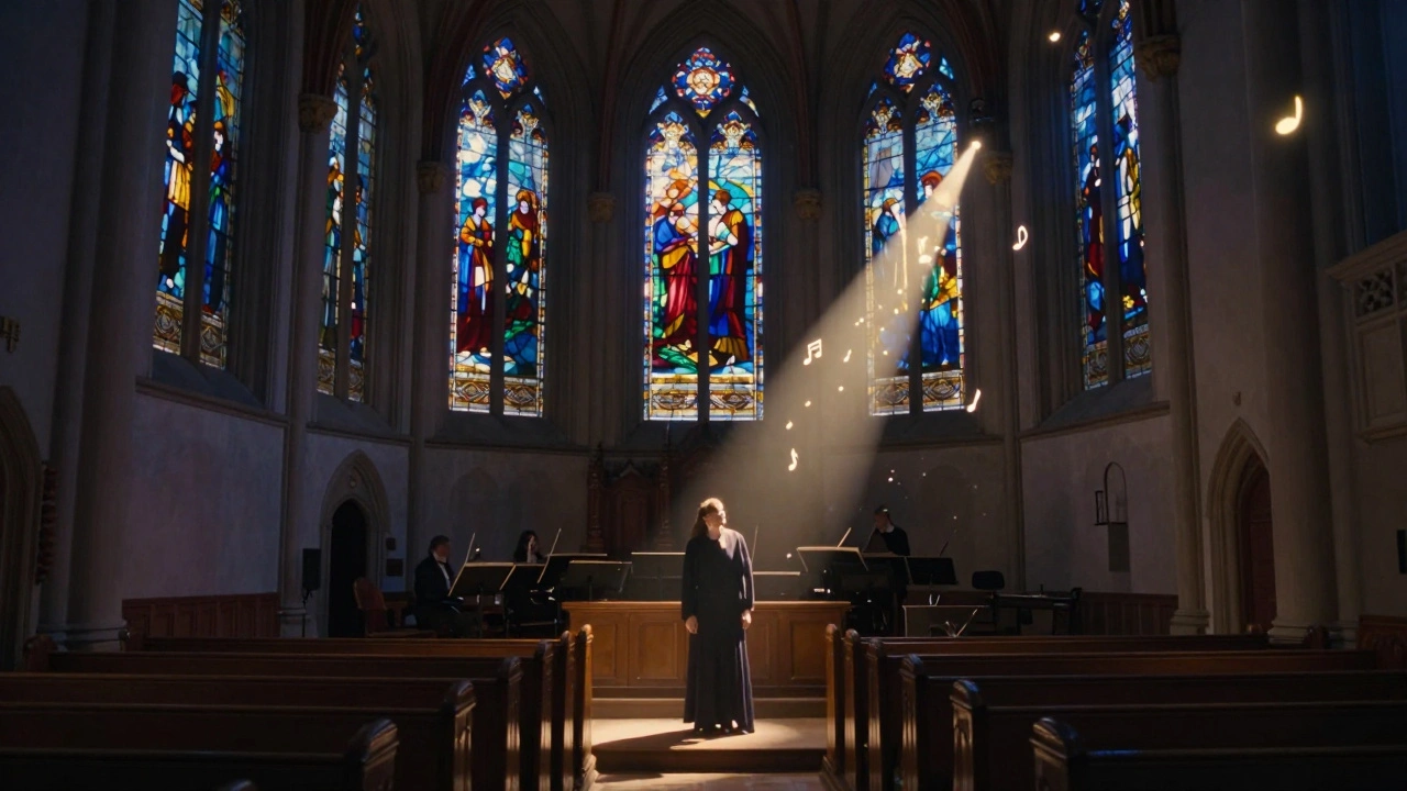 Singer illuminated in Union Chapel’s stained glass light, musical notes floating upward in a sacred, dreamy atmosphere.