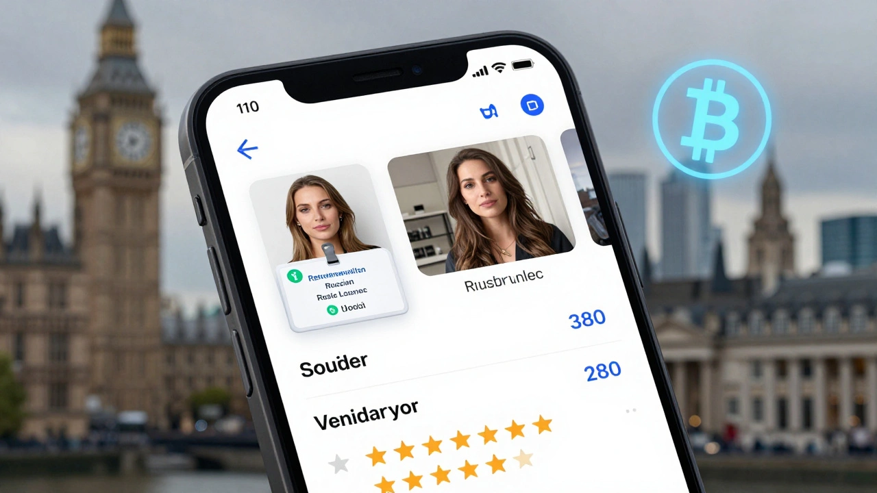 Smartphone screen showing a verified escort profile with ID badge, video preview, and crypto payment option.