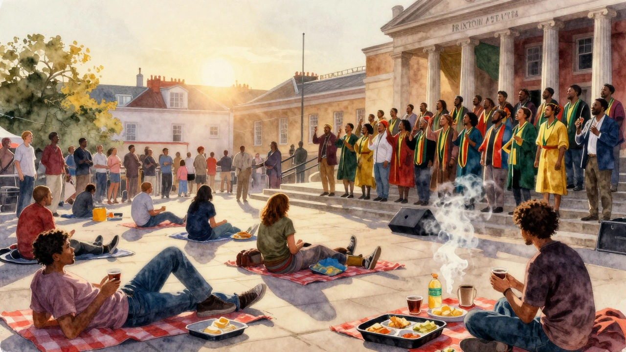 Sunrise in Brixton after a 24-hour party, with a reggae choir singing on the steps as people rest peacefully.