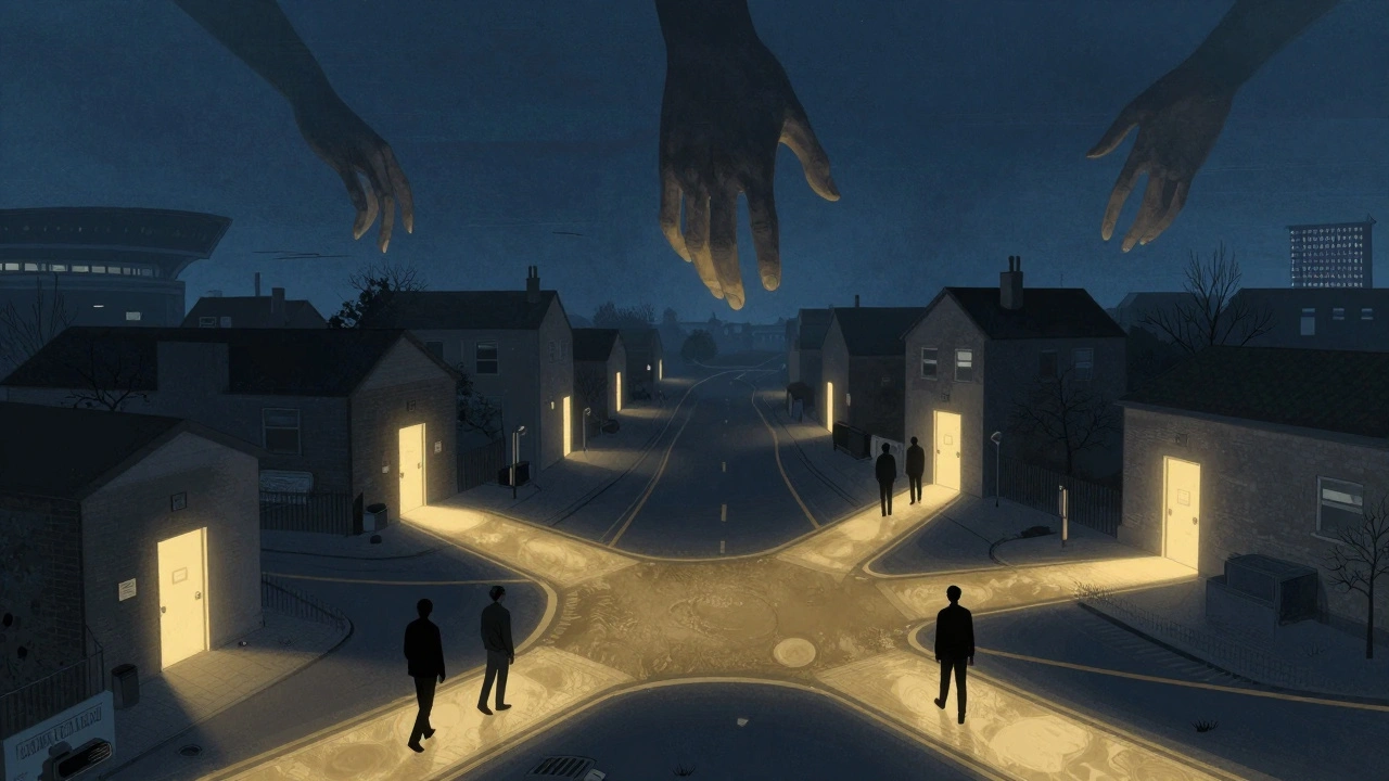 Surreal crossroads at night with glowing paths leading to discreet doors, abstract hands hovering above, symbolizing emotional release without contact.