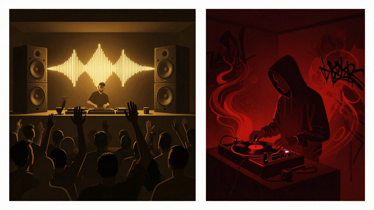 Two contrasting club rooms: one bright with massive speakers, the other dark with a DJ playing vinyl.