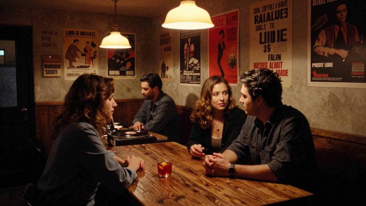 Two people sitting side by side on a wooden bench in a dim, vintage-style basement bar.