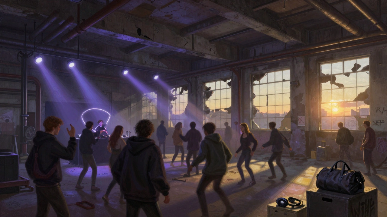 Underground warehouse party at sunrise with strobe lights and loyal crowd dancing to techno.