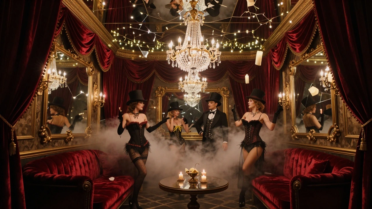 Velvet-draped cabaret with crystal chandeliers and mirrored ceiling lit by fairy lights.