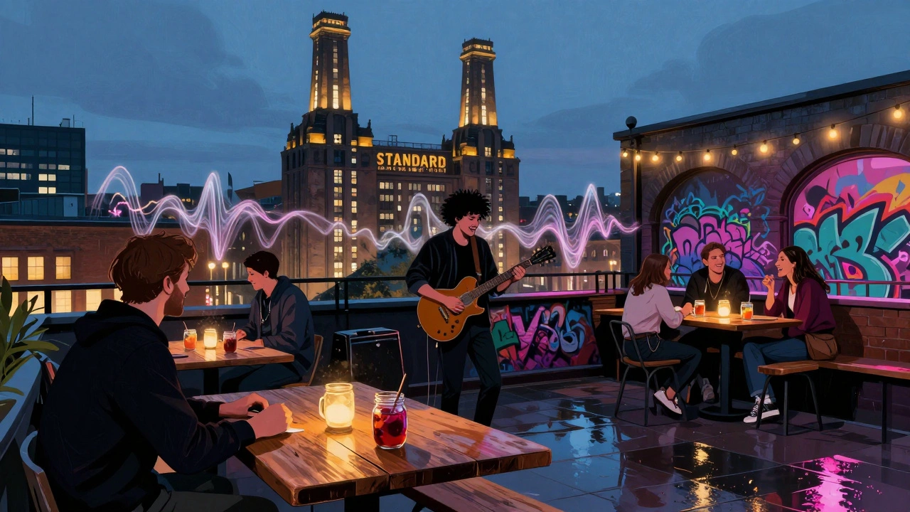 Vibrant rooftop bar scene at The Standard with mason jar drinks and Gasholders in the background.
