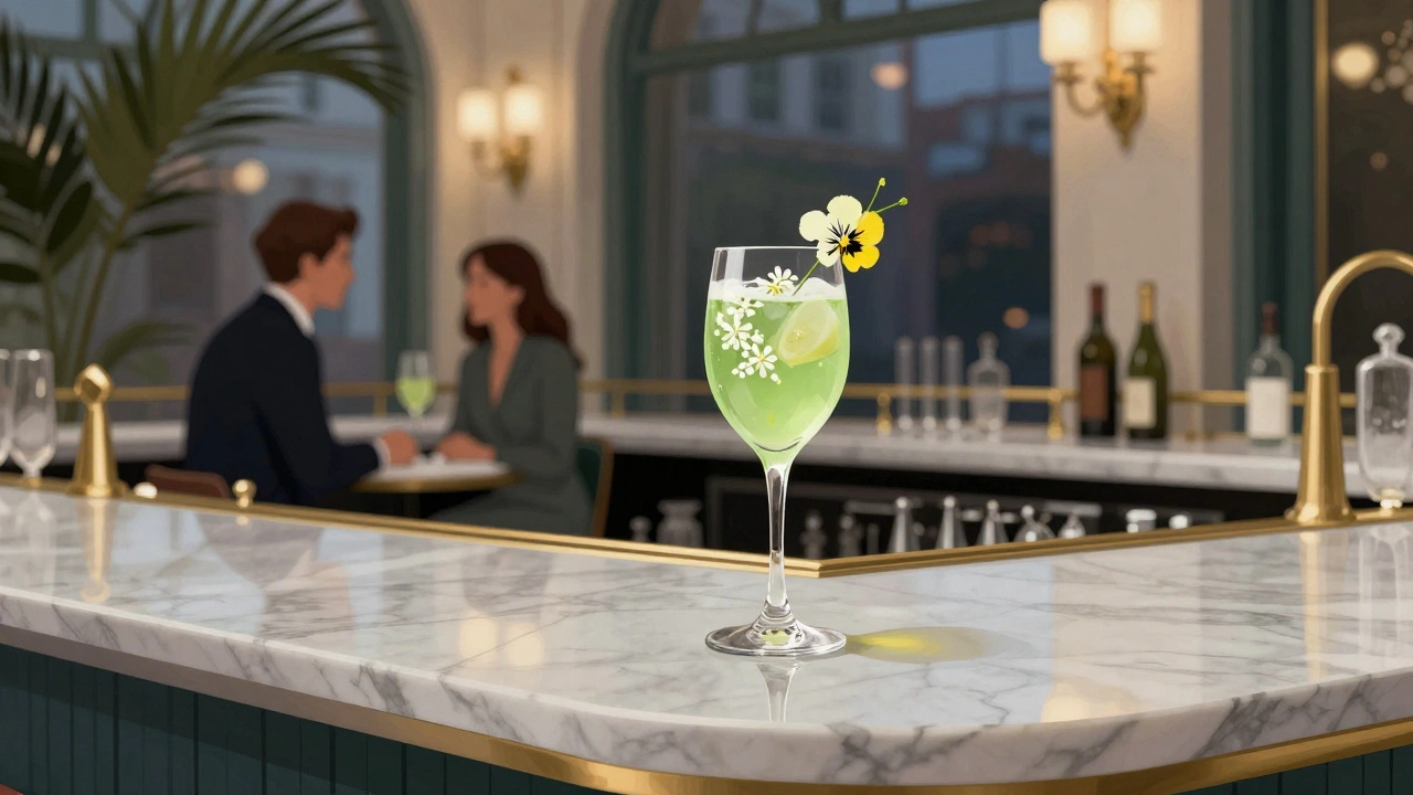 A Green Bellini cocktail in a coupe glass at The Connaught Bar, garnished with an edible flower under soft chandeliers.
