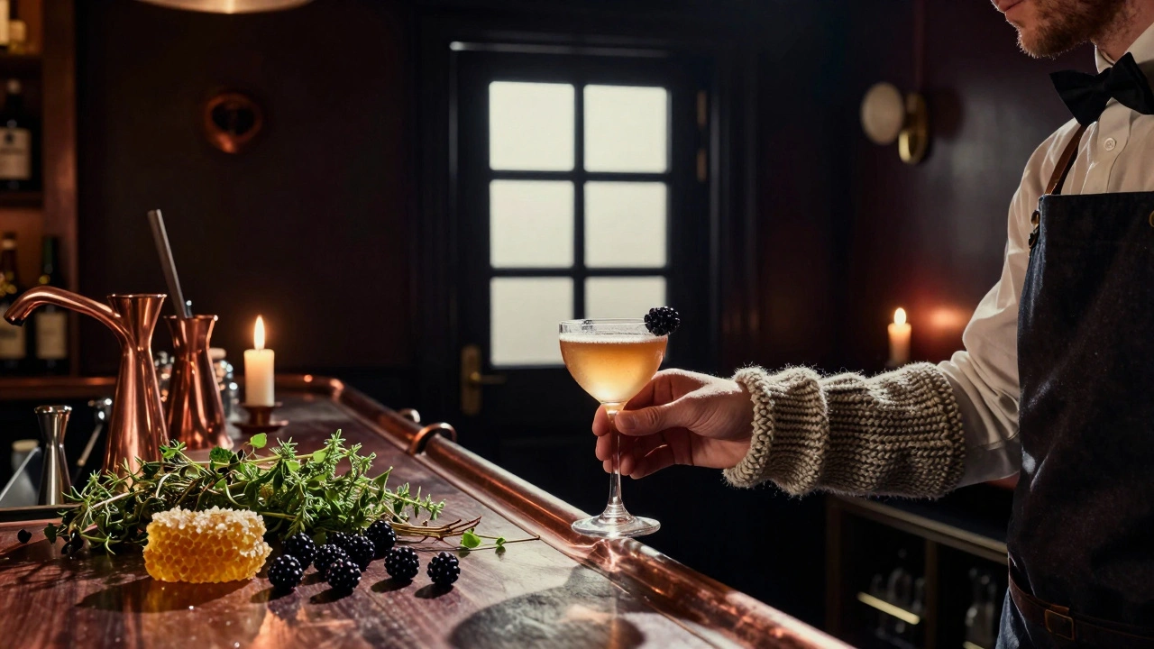 A hidden speakeasy bar with copper fittings and foraged ingredients, a bartender handing a cocktail in a knitted sleeve.