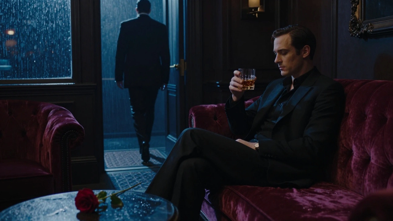 A man sits alone in a dim lounge as a shadowy figure exits, a red rose left on the table, rain streaking the window.