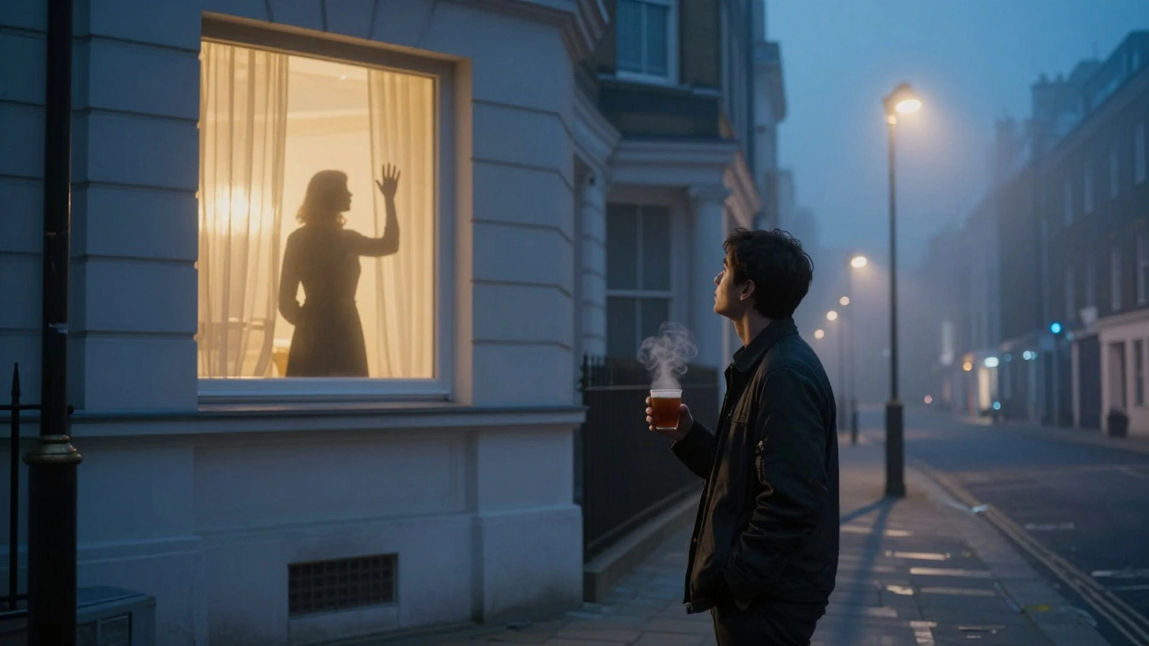 A man stands alone on a foggy London street at dawn, gazing up at a window where a silhouette waves goodbye.