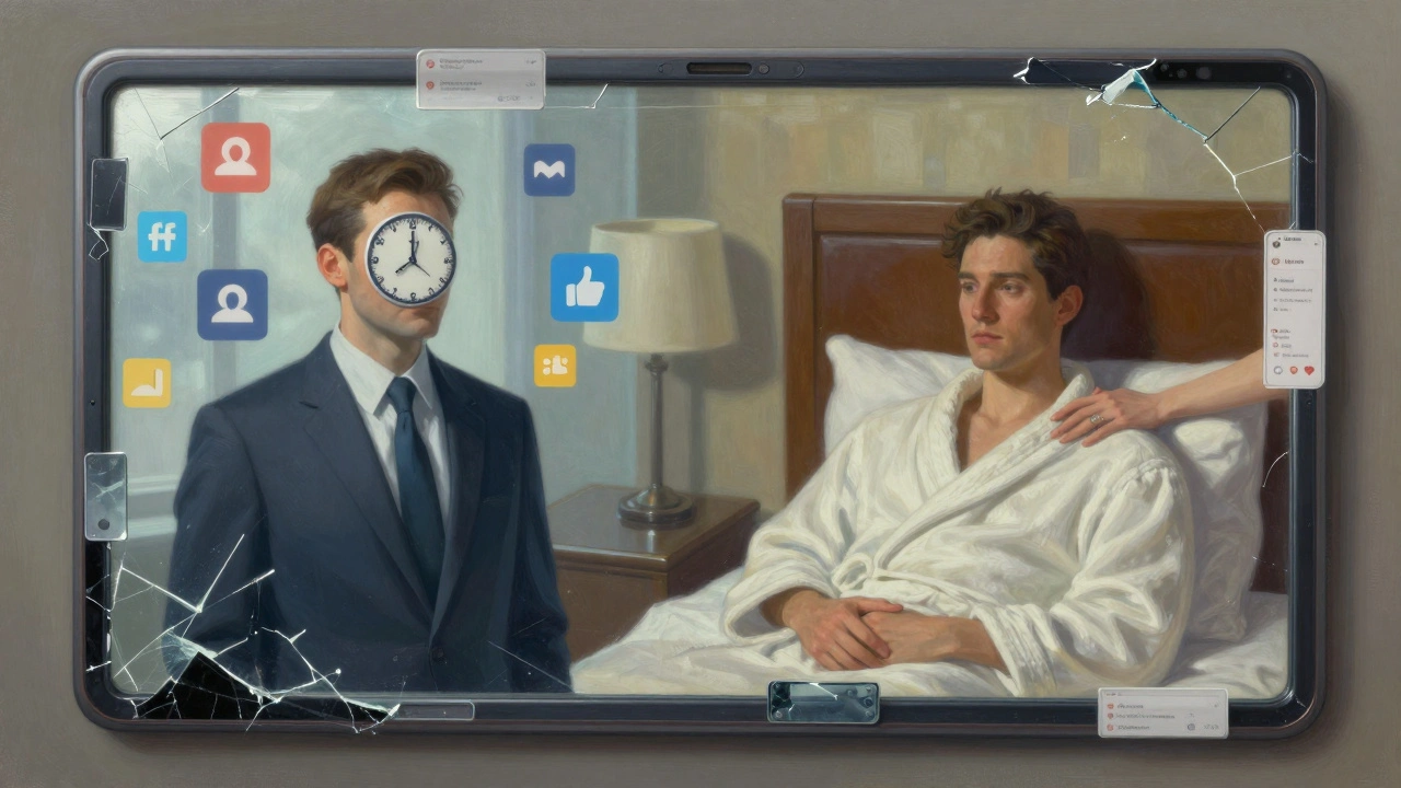 A mirror splits a man’s reflection between isolation and connection, symbolizing emotional need.