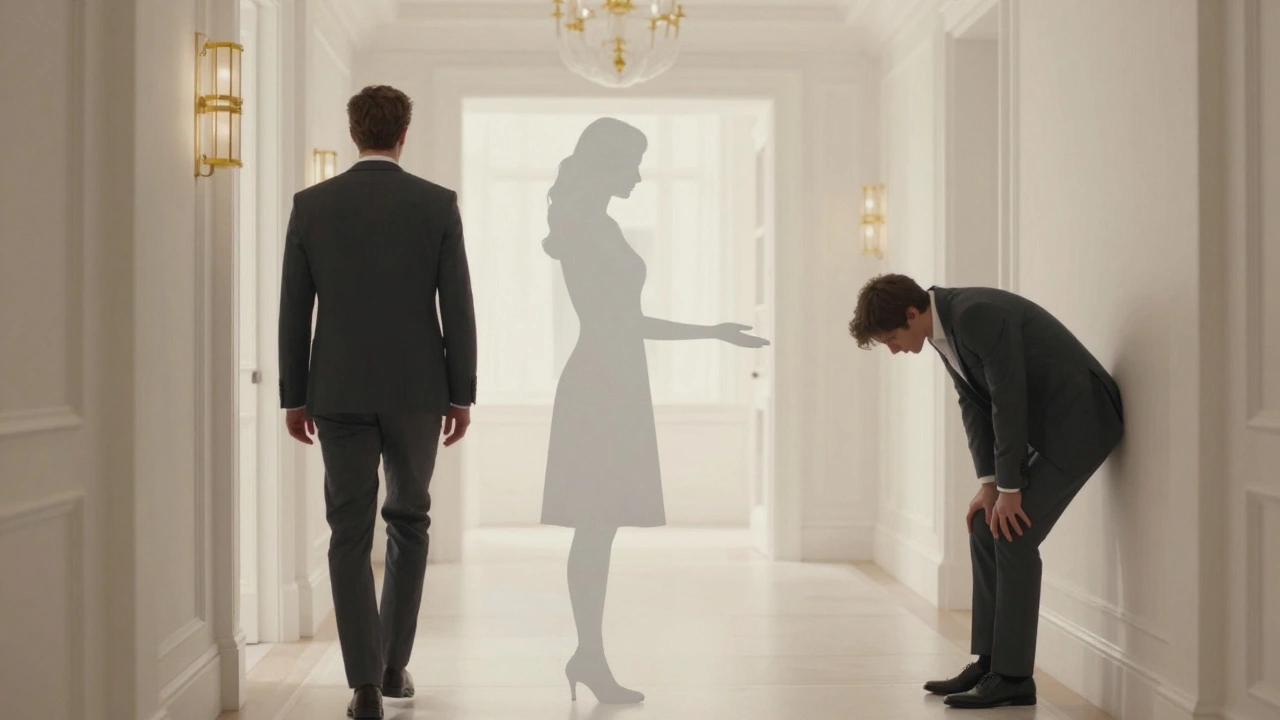 A mirrored hallway symbolizes emotional transformation, with a woman’s silhouette bridging past loneliness and present peace.