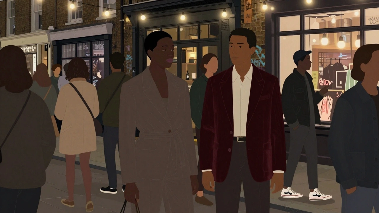 A stylish crowd in Shoreditch wears intentional, eclectic outfits under string lights and brick walls.