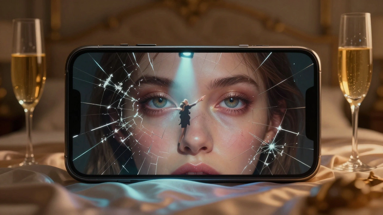 A woman's eyes reflect both a studio spotlight and a bedroom setting, blending fantasy and reality in surreal lighting.