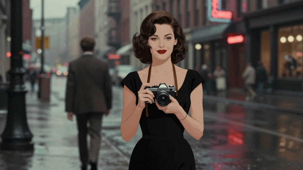 A woman in a black dress stands in Soho, photographing a man walking away under neon lights.
