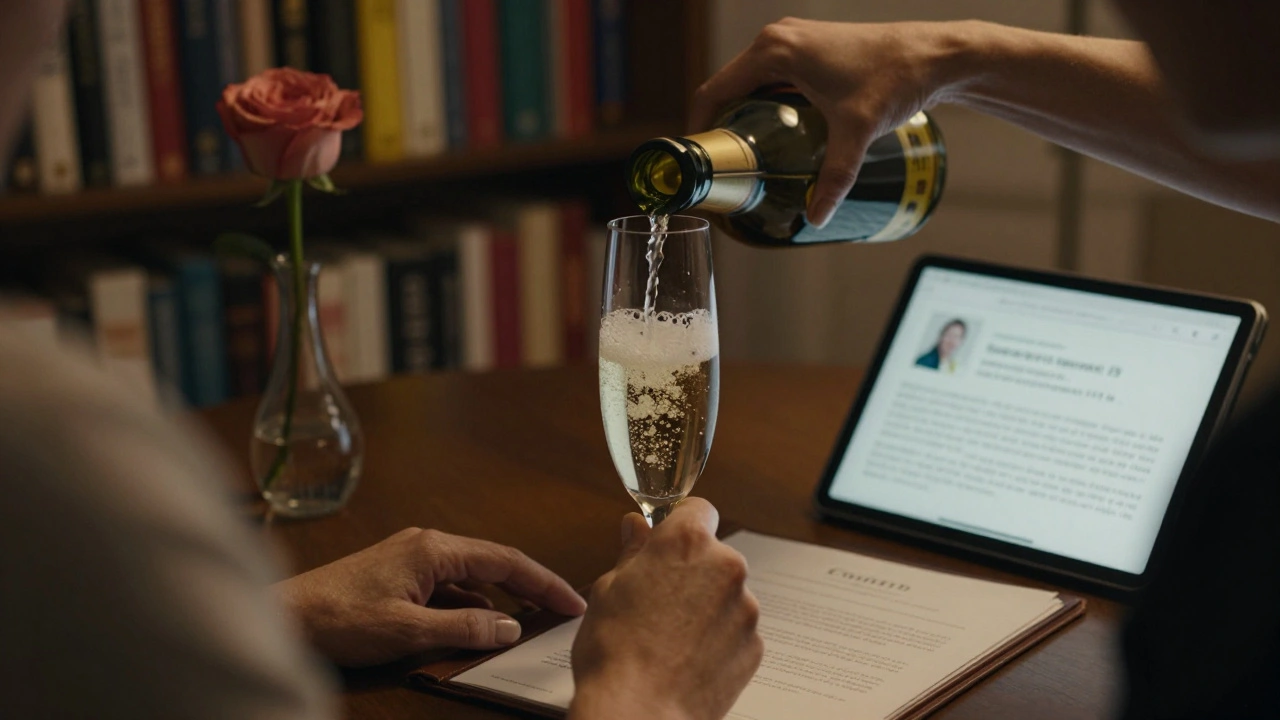 A woman pours champagne in a refined London flat, with a contract and client review visible nearby.