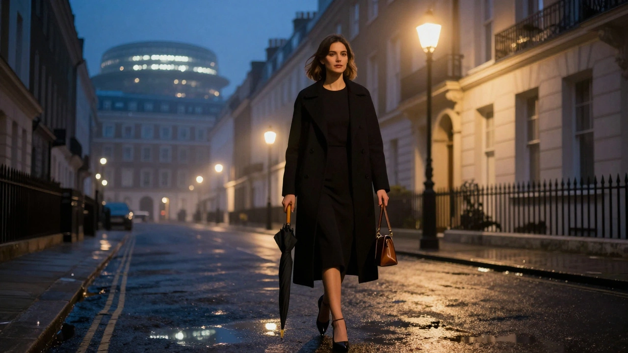 A woman walks through a misty London night in a black dress and wool coat, carrying a compact umbrella.