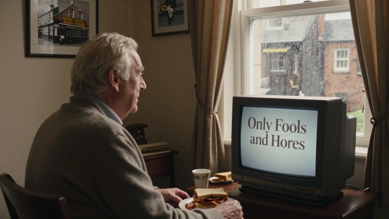 An elderly man watching 'Only Fools and Horses' on TV in a Peckham flat, a bacon sandwich nearby.
