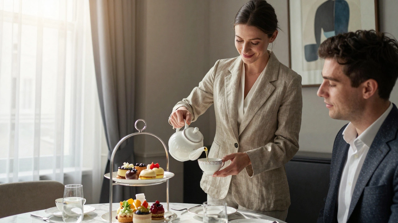 An escort pours tea at an elegant afternoon setting, listening intently to a man across the table.