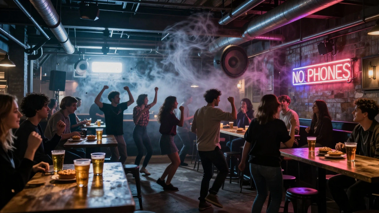 Crowd dancing under a neon 'NO PHONES' sign in Printworks warehouse with industrial lighting and beer buckets.