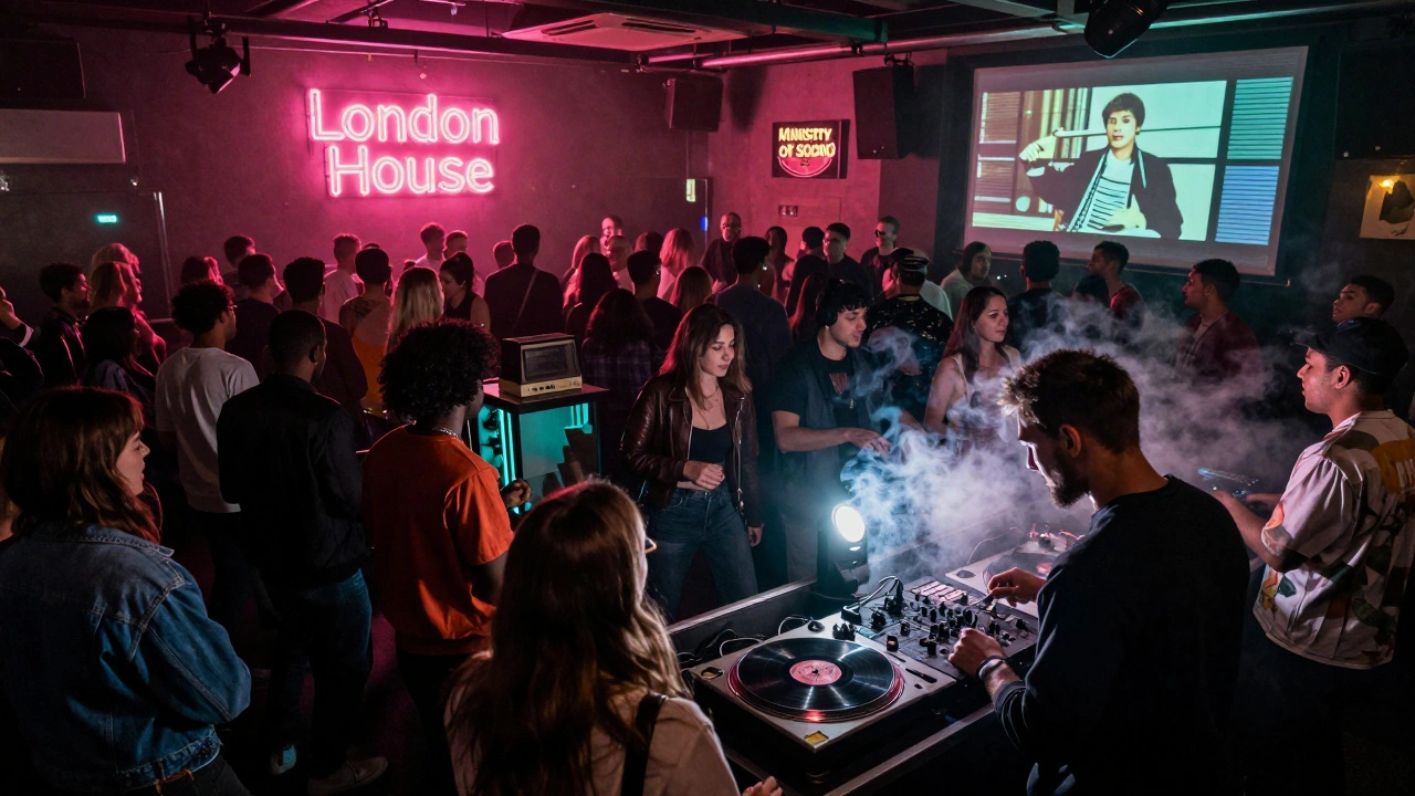 Dancefloor at Ministry of Sound during London House night, retro neon lights, VHS projections, people dancing as one under vintage vibes.