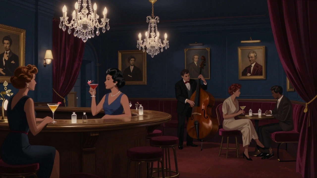 Elegant patrons in a dimly lit private club sipping cocktails as a jazz trio plays softly in the background.