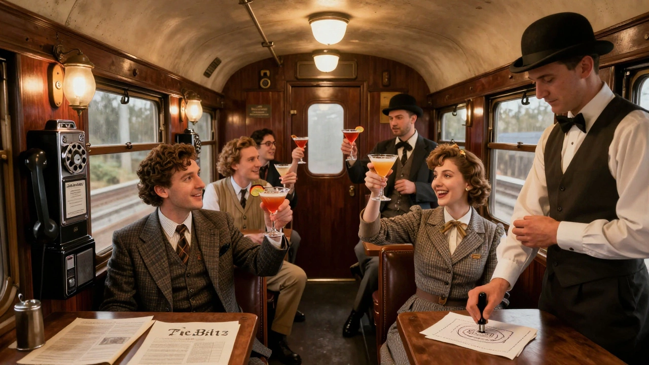 Friends in 1940s attire enjoying themed cocktails in a train booth at Cahoots, with vintage decor and a passport stamp.