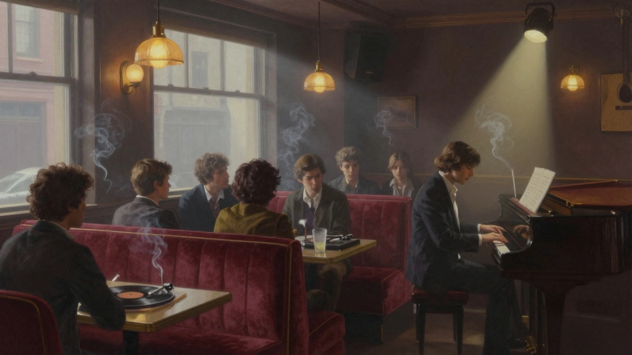 Jazz bar in Soho with a pianist playing at night, patrons in quiet conversation under soft lighting.