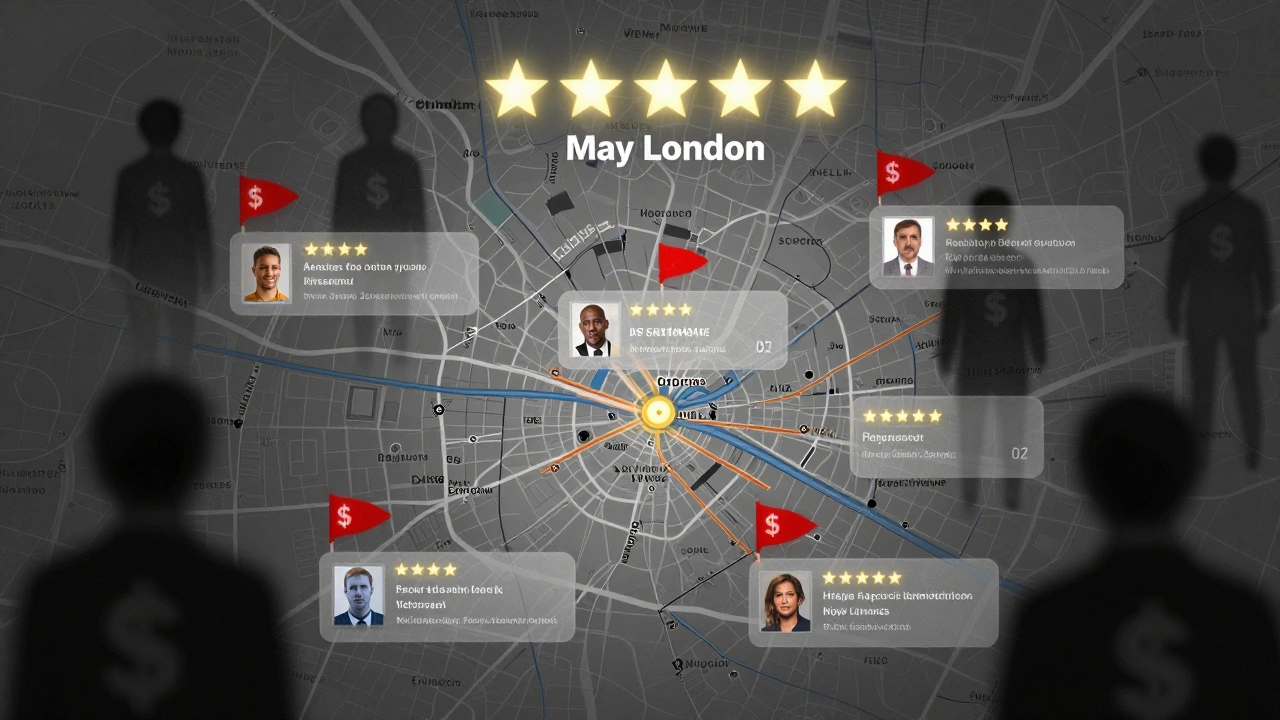 London map with glowing review stars and red scam flags over agencies and fake social media accounts.