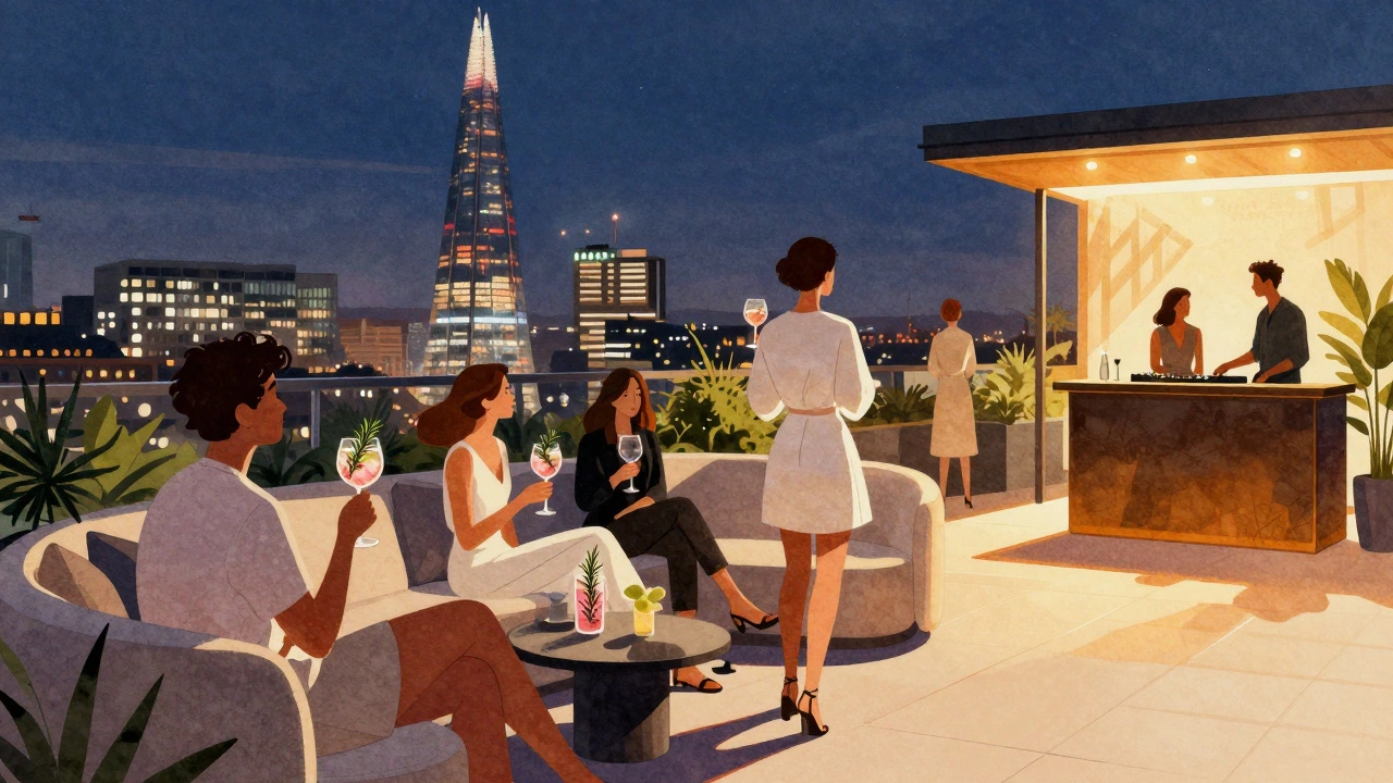 People relaxing on a rooftop terrace with the Shard in view, sipping gin cocktails under soft lights.