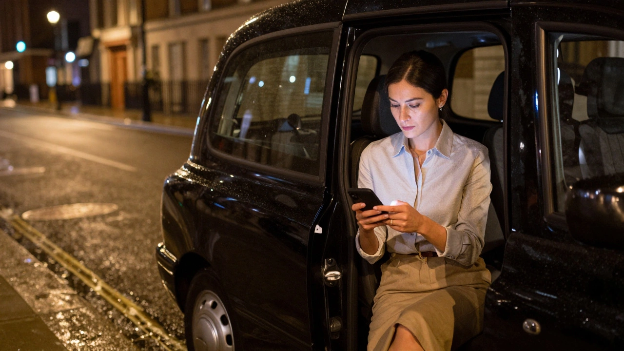 Professional escort stepping from a cab at night in London, holding encrypted messaging app, discreet and calm.