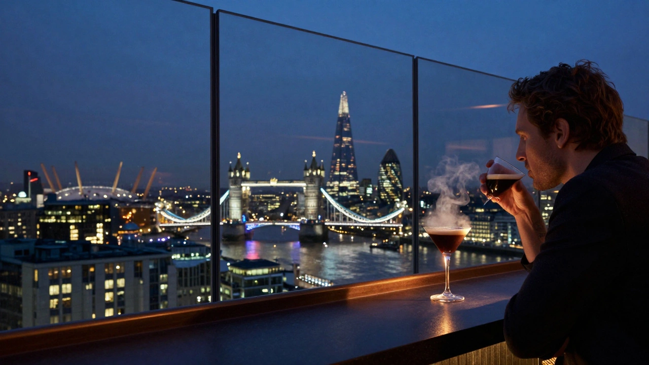 Rooftop bar at The Shard at dawn with panoramic city lights and a person sipping a cocktail.