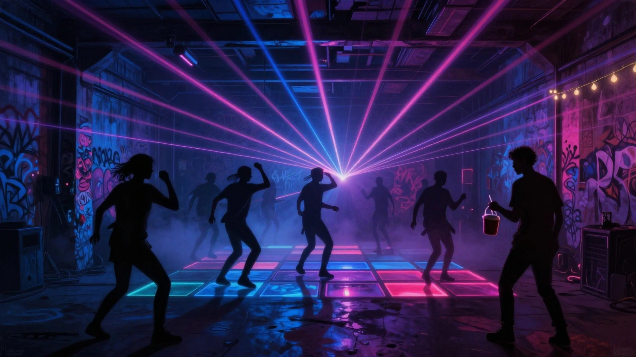 Silhouettes of dancers in a dark warehouse rave lit by neon lasers and glowing floor panels.