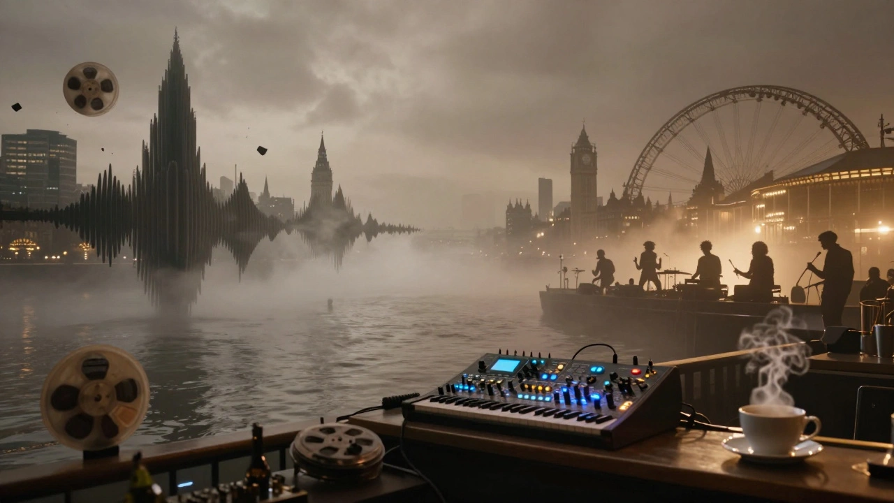 Surreal visualization of NTS Radio takeover: sound waves, archival reels, and modular synths glowing amid floating London landmarks.
